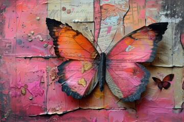Pink butterfly abstract oil painting, mixed art digital painting.