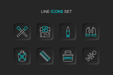 Set line Dead fish, Ammunition box, Hunting cartridge belt, Canteen water bottle, Binoculars, Bullet, shop and Burning match with fire icon. Vector
