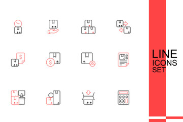 Set line Calculator, Carton cardboard box, Warehouse with boxes, Waybill, and icon. Vector