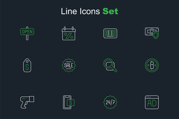 Set line Advertising, Clock 24 hours, Mobile shopping, Scanner scanning bar code, Cryptocurrency coin Bitcoin, Magnifying glass, Price tag with Sale and dollar icon. Vector