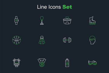 Set line Football shoes, Fitness shaker, Medal, Stopwatch, Baseball helmet, Dumbbell, Badminton shuttlecock and Basketball icon. Vector