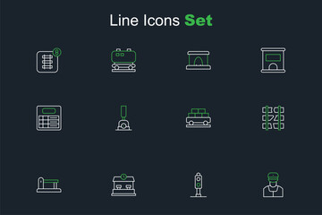 Set line Train conductor, traffic light, Railway station, Railway, railroad track, Broken cracked railway, Cargo train wagon, Arrow for switching the and board icon. Vector