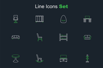 Set line Coat stand, TV table, Armchair, Round, Sofa, Bunk bed, Chair and icon. Vector