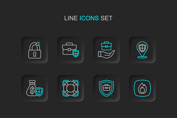 Set line Fire flame, Briefcase with shield, Lifebuoy, Money bag, Location, Hand holding briefcase, and Broken or cracked lock icon. Vector