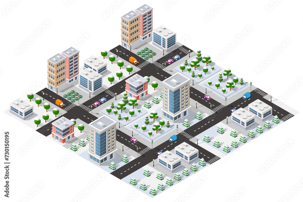 Wall mural Isometric 3D cityscape view of the top of the house