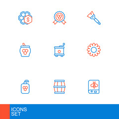 Set line Book about bee, Wooden barrel with honey, Cosmetic tube, Flower, Jar of and dipper stick, Honey extractor, Beekeeping brush and award icon. Vector