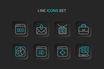 Set line Advertising, Target financial goal, Market analysis, Briefcase, Mail and e-mail and SEO optimization icon. Vector