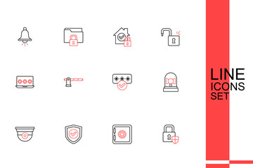 Set line Shield security with lock, Safe, check mark, Security camera, Ringing alarm bell, Password protection, Parking car barrier and Laptop password icon. Vector