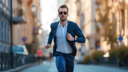 Young handsome man in sunglasses running in the city street. Businessman jogging outdoors.