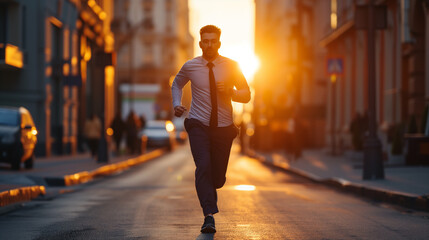 Running man jogging in city at sunset. Sport fitness model caucasian ethnicity training outdoor. - obrazy, fototapety, plakaty