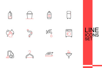 Set line Washbasin, Electric iron, Hanger wardrobe, Vacuum cleaner, Washer, Water tap, Industry metallic pipe and Sponge icon. Vector