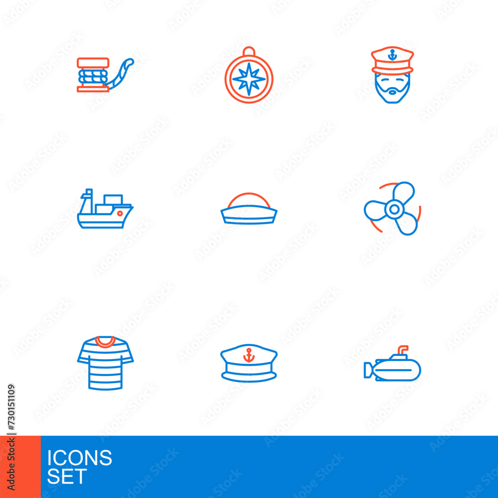 Sticker Set line Submarine, Captain hat, Striped sailor t-shirt, Boat propeller, Cargo ship, Sailor, of and Compass icon. Vector