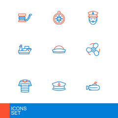 Set line Submarine, Captain hat, Striped sailor t-shirt, Boat propeller, Cargo ship, Sailor, of and Compass icon. Vector