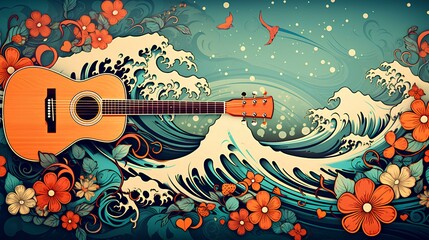 an acoustic guitar in the waves with flowers in vintage atmosphere - obrazy, fototapety, plakaty