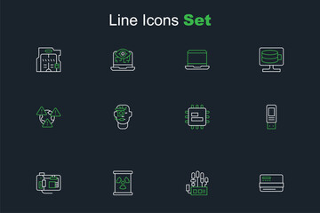 Set line Credit card, Mechanical robot hand, Radioactive waste in barrel, Motherboard, USB flash drive, Processor CPU, Smart glasses on spectacles and Earth with exclamation mark icon. Vector