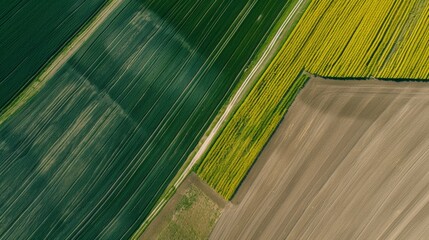 Aerial top view of panorama seen from above of the plain with the cultivated fields divided into geometric shapes in spring background, copy space