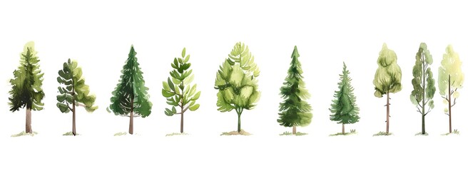 Artistic illustration of diverse trees set against pristine white background encapsulating beauty of nature and environmental growth collection of tree drawings from leafy oaks to pine branches - obrazy, fototapety, plakaty