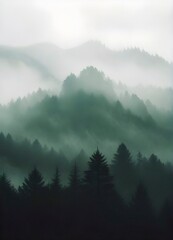 Explore the Beauty of 35mm Photography - Captivating Silhouetted Pine Trees, Misty Mountains, and a Moody Green-Toned Sky