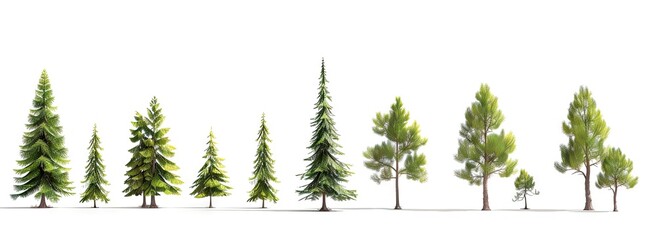 Artistic illustration of diverse trees set against pristine white background encapsulating beauty of nature and environmental growth collection of tree drawings from leafy oaks to pine branches