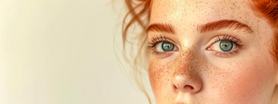 Close-up portrait of woman with freckles and green eyes showcasing eyelash, jaw, ear, smile, and wrinkle. Captured through macro photography, a stunning artistic portrait.