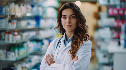 brunette caucasian pharmacist woman in pharmacy