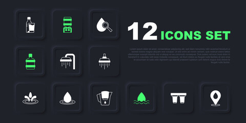 Set Water filter cartridge, drop with location, Shower, Big bottle clean water, cooler and jug icon. Vector