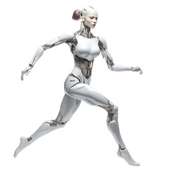 robot woman running isolated on transparent background