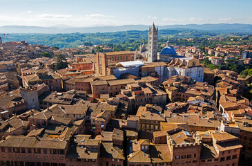 Naklejka premium Aerial view of the terracotta rooftops of the UNESCO world heritage city of Siena with Siena Cathedral