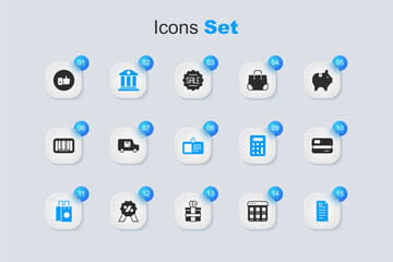 Set Online shopping on screen, Delivery cargo truck, Bank building, Paper bag, Financial check, Credit card, Hand like and Identification badge icon. Vector