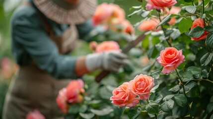 An experienced horticulturist carefully pruning a lush, blossoming rose bush in a tranquil garden - obrazy, fototapety, plakaty