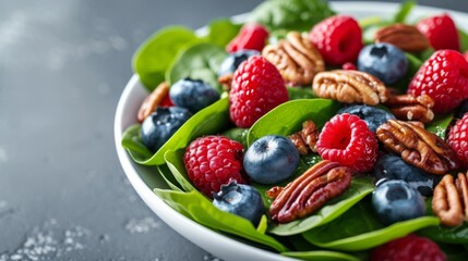 An exquisite spinach and berry salad adorned with blueberries, raspberries, and candied pecans