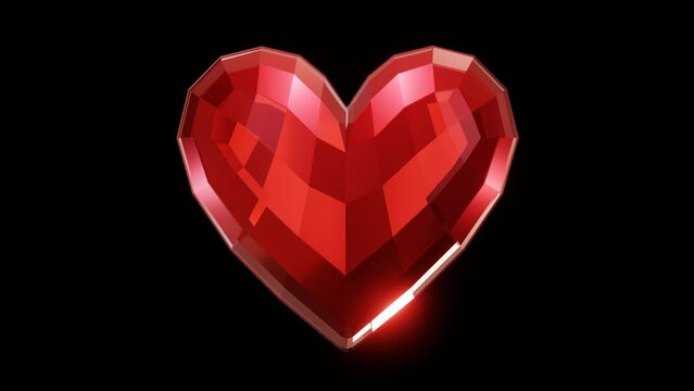回転する赤いハートのクリスタル-3Dアニメーション