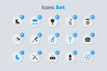 Set Fitness shaker, Baseball bat with ball, Pommel horse, Skates, Soccer football, Bicycle helmet, Roller skate and Whistle icon. Vector