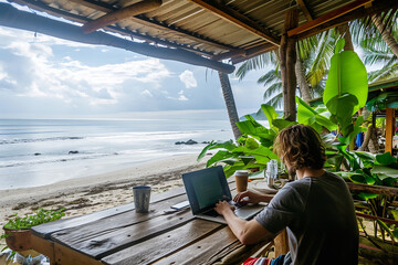 a digital nomad working from a beachfront café. With their laptop open against the backdrop of a scenic ocean view
