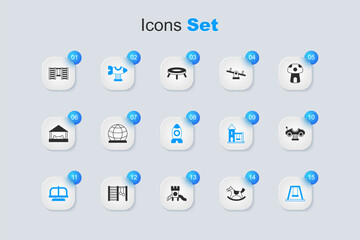 Set Horse in saddle swing, Playground climbing equipment, Swing plane, Attraction carousel, for kids, Swedish wall and Rocket ship toy icon. Vector