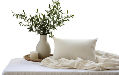 Minimalist square pillow and lightweight linen blanket on white background.