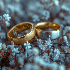 Obraz na płótnie Canvas Wedding rings on a background of gypsophila flowers
