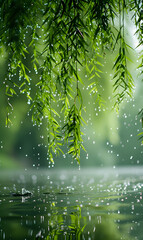 The leaves of a tree hanging over the water  with rain dripping of the leaves