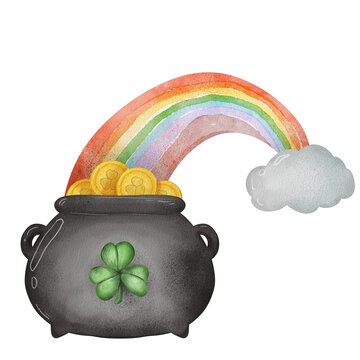 watercolor rainbow pot gold coins shamrock clip art preview