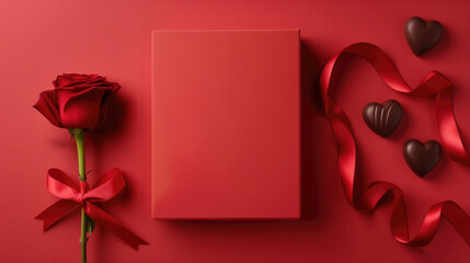 An valentine’s day background featuring a blooming red rose, a sleek gift box,  delicious chocolate hearts and a silky ribbon.