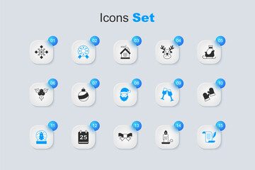Set Burning candle, Christmas ball, wreath, snow globe, Envelope, mittens, Snowflake and Santa Claus hat beard icon. Vector