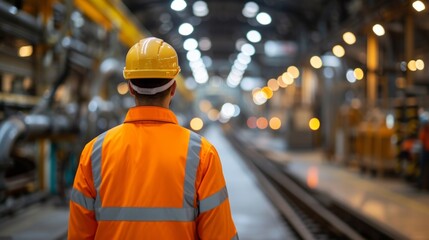 Back view of a worker in high visibility clothing inspecting operations in an industrial plant