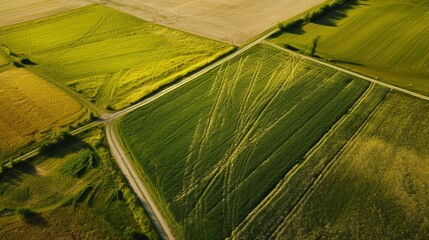 Aerial top view of panorama seen from above of the plain with the cultivated fields divided into geometric shapes in spring background, copy space
