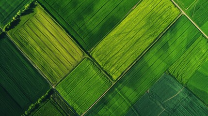 Aerial top view of panorama seen from above of the plain with the cultivated fields divided into geometric shapes in spring background, copy space - obrazy, fototapety, plakaty