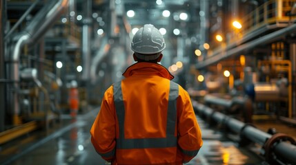Back view of a worker in high visibility clothing inspecting operations in an industrial plant