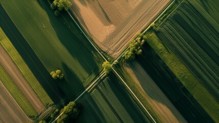 Aerial top view of panorama seen from above of the plain with the cultivated fields divided into geometric shapes in spring background, copy space