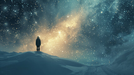 A person on snow standing in the night sky.