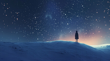 A person on snow standing in the night sky.