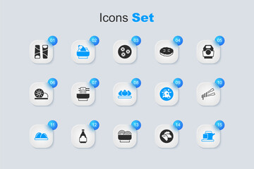 Set Dumpling, Asian noodles bowl, Rice with fish, Sushi, Traditional tea ceremony, Food chopsticks, Guotie and icon. Vector