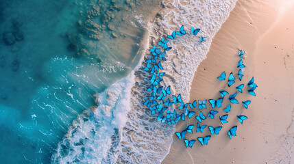 A moon shaped with blue butterflies over a beach.